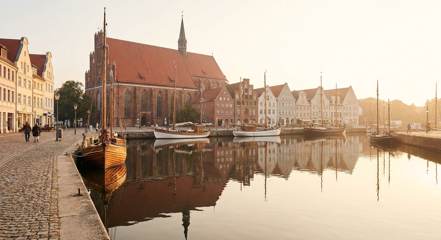 Historische Backsteinarchitektur in der Altstadt von Greifswald im warmen Abendlicht – Ausdruck regionaler Verbundenheit mit Vorpommern