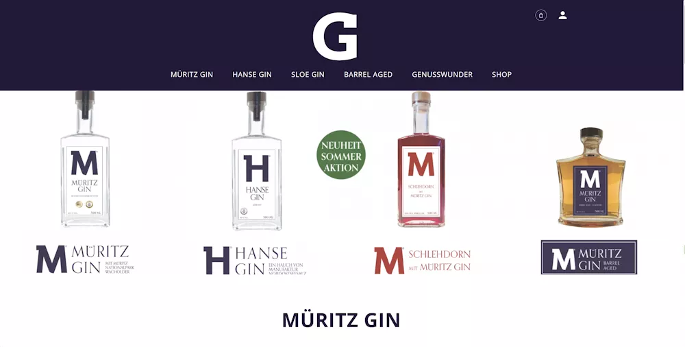 Screenshot des responsiven Müritz Gin Onlineshops mit Produktübersicht regionaler Gin-Spezialitäten und mobiloptimierter Bestellnavigation