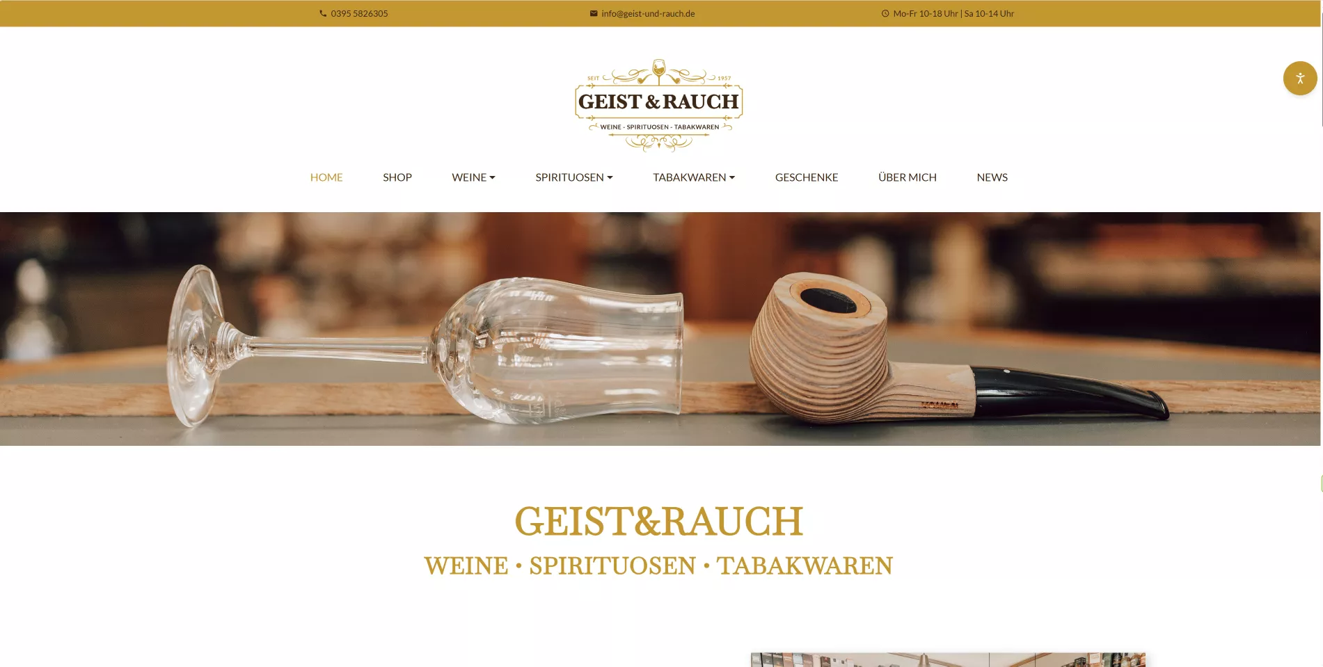 Startseite des Onlineshops Geist & Rauch mit Sortiment aus Weinen, Spirituosen und Tabakwaren, umgesetzt als responsives Webdesign